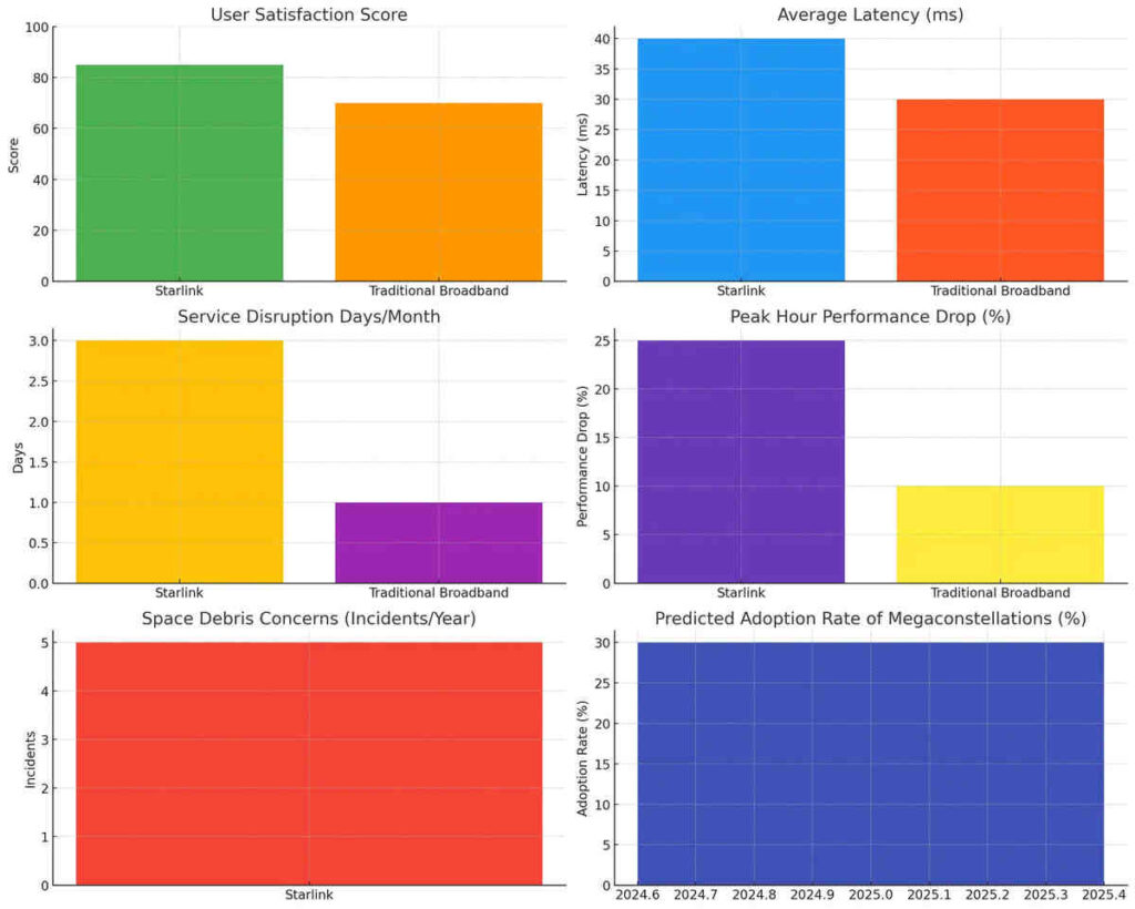 The chart displays a comparison of various performance metrics between Starlink and Traditional Broadband services, highlighting user satisfaction, latency, service disruptions, performance drops, space debris